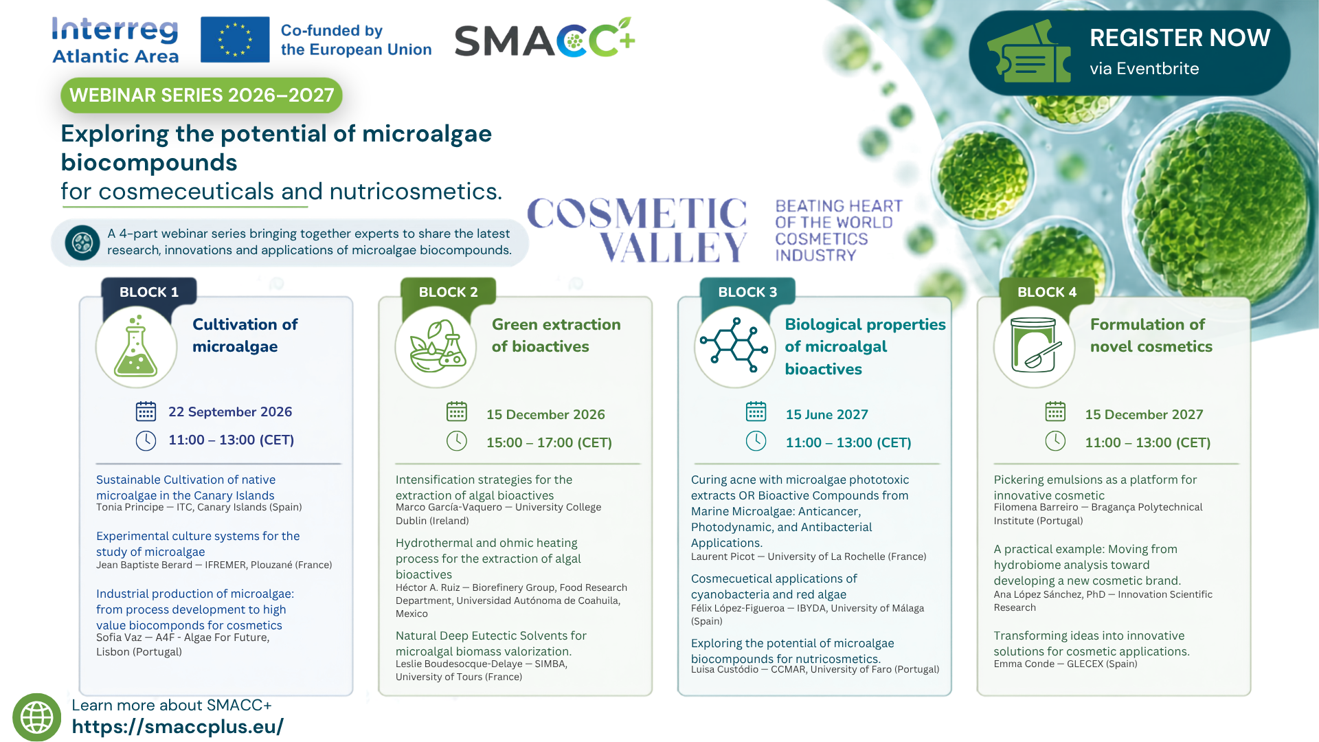 SMACC+ launches the webinar series " Exploring the potential of microalgae biocompounds for cosmeceuticals and nutricosmetics."