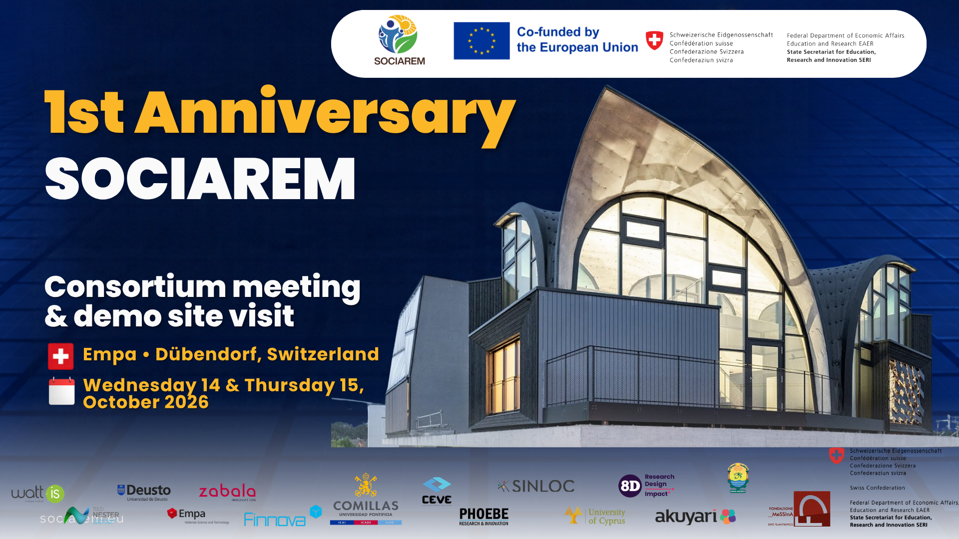 SOCIAREM celebrates its first anniversary with a consortium meeting at Empa, Switzerland, following a webinar on citizen-centred energy communities